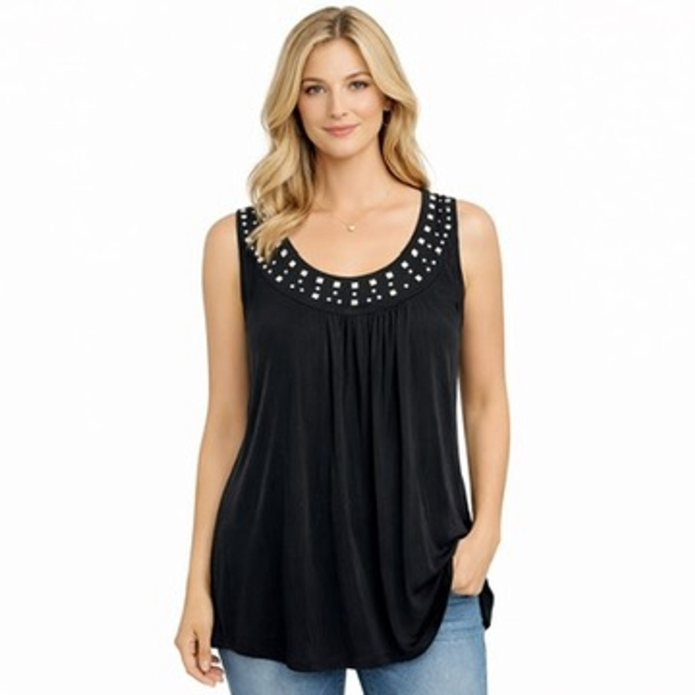 Slinky Brand Black Flowly Tank Top Silver Studded Neckline Stretch Knit Size 3X